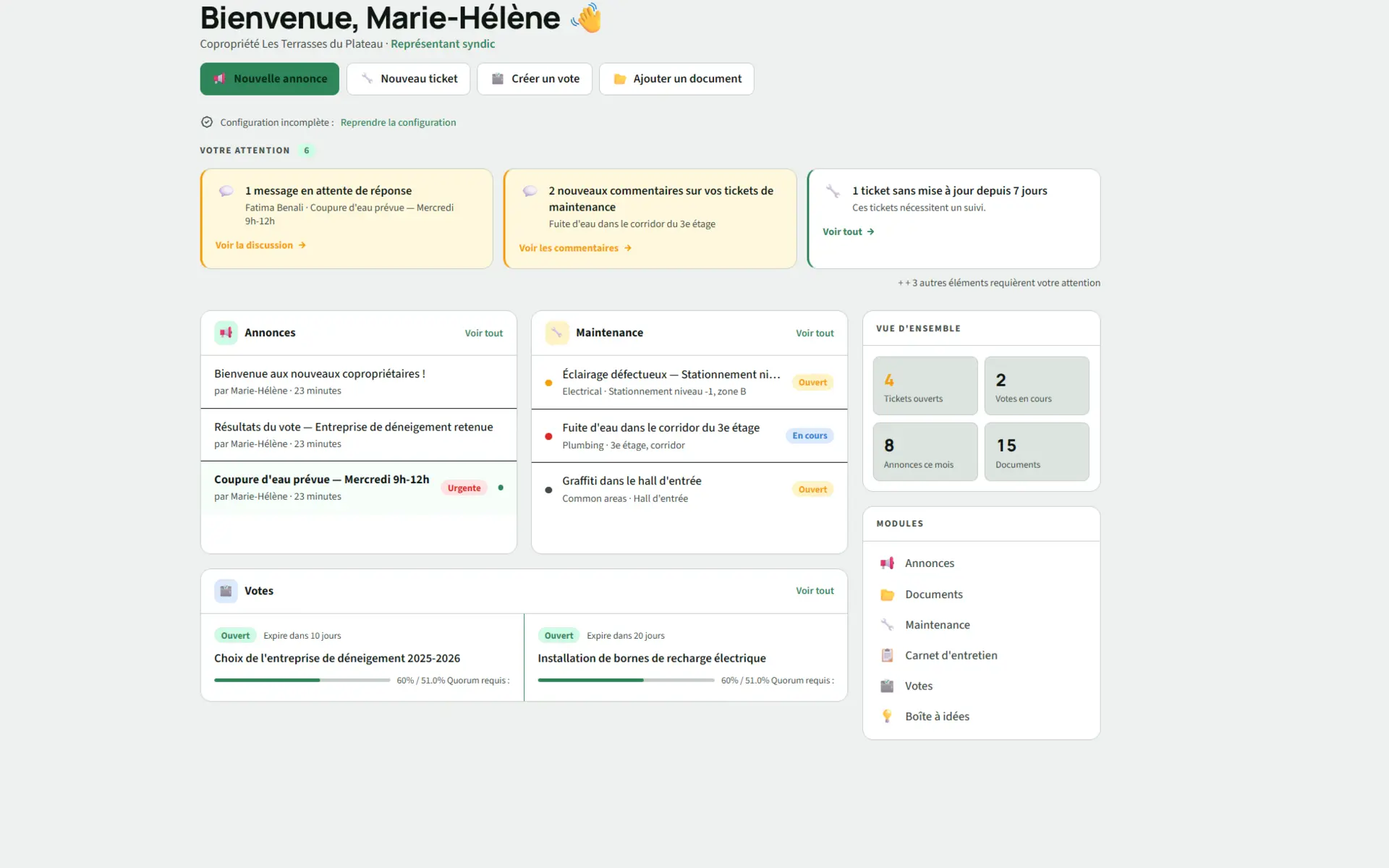 Kohabit dashboard, overview of announcements, tickets, votes