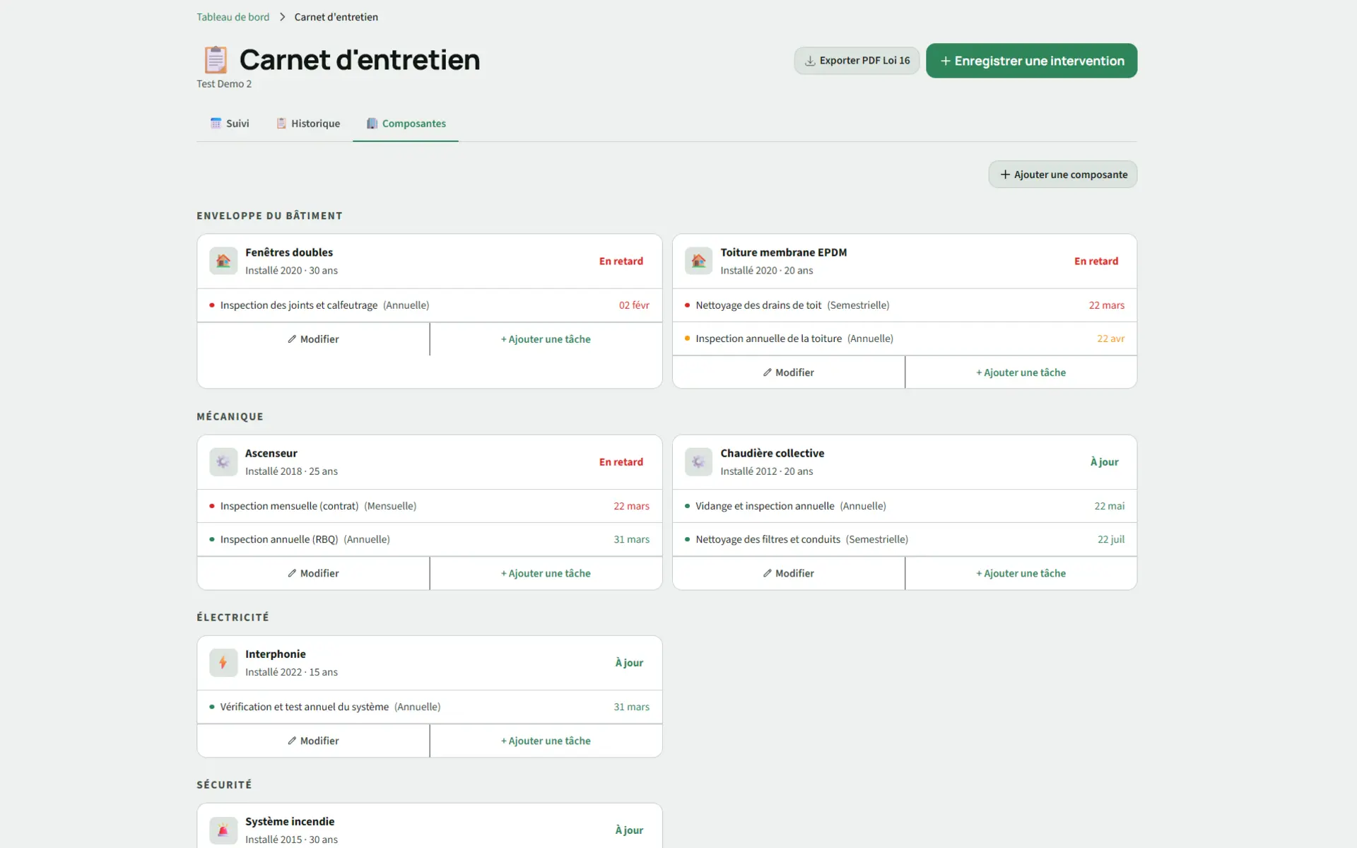 Module carnet d'entretien Kohabit conforme Loi 16 : inventaire des actifs avec état, durée de vie utile et planning d'entretien.
